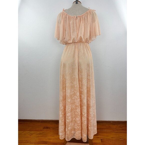 Vintage 70s Chiffon Dress Split Sleeve Maxi Capelet Peach Floral Split Sleeve - Picture 15 of 16